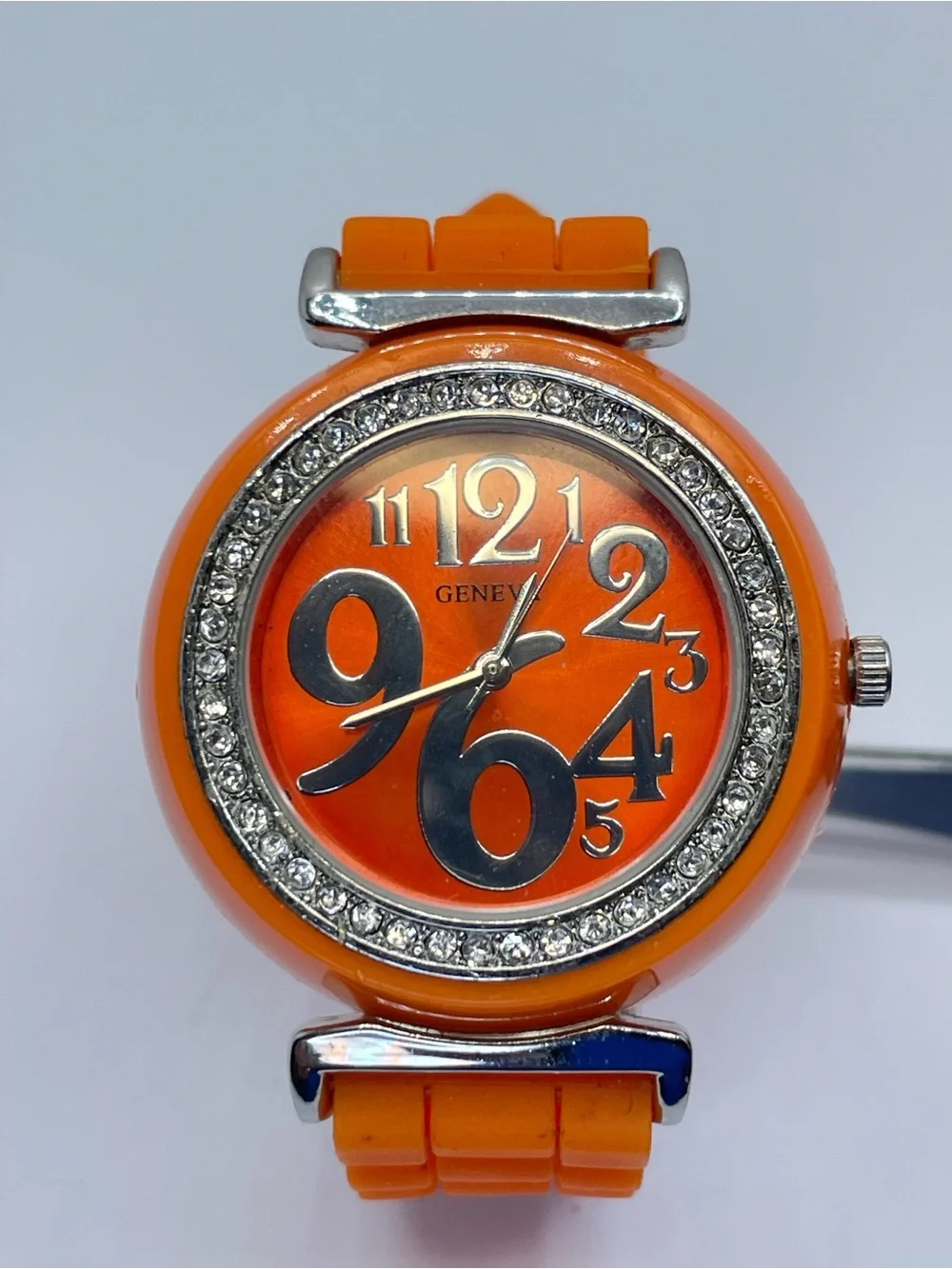 Geneva Orange Silicone Crystal Bezel Watch Silver Tone Working Modern Sleek